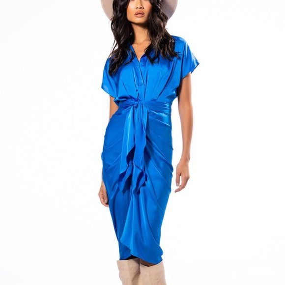 Callie Lives Dresses & Skirts - Elaine Out of the Blue: Satin Tie Front Dress Large